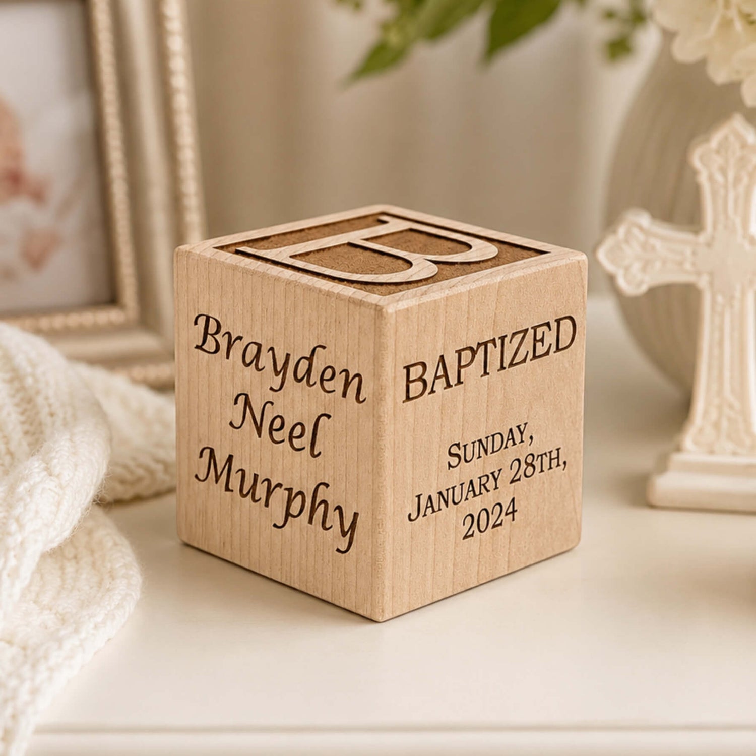 Natural, 2", 2 1/2", 3", personalized baptism gift with cross
