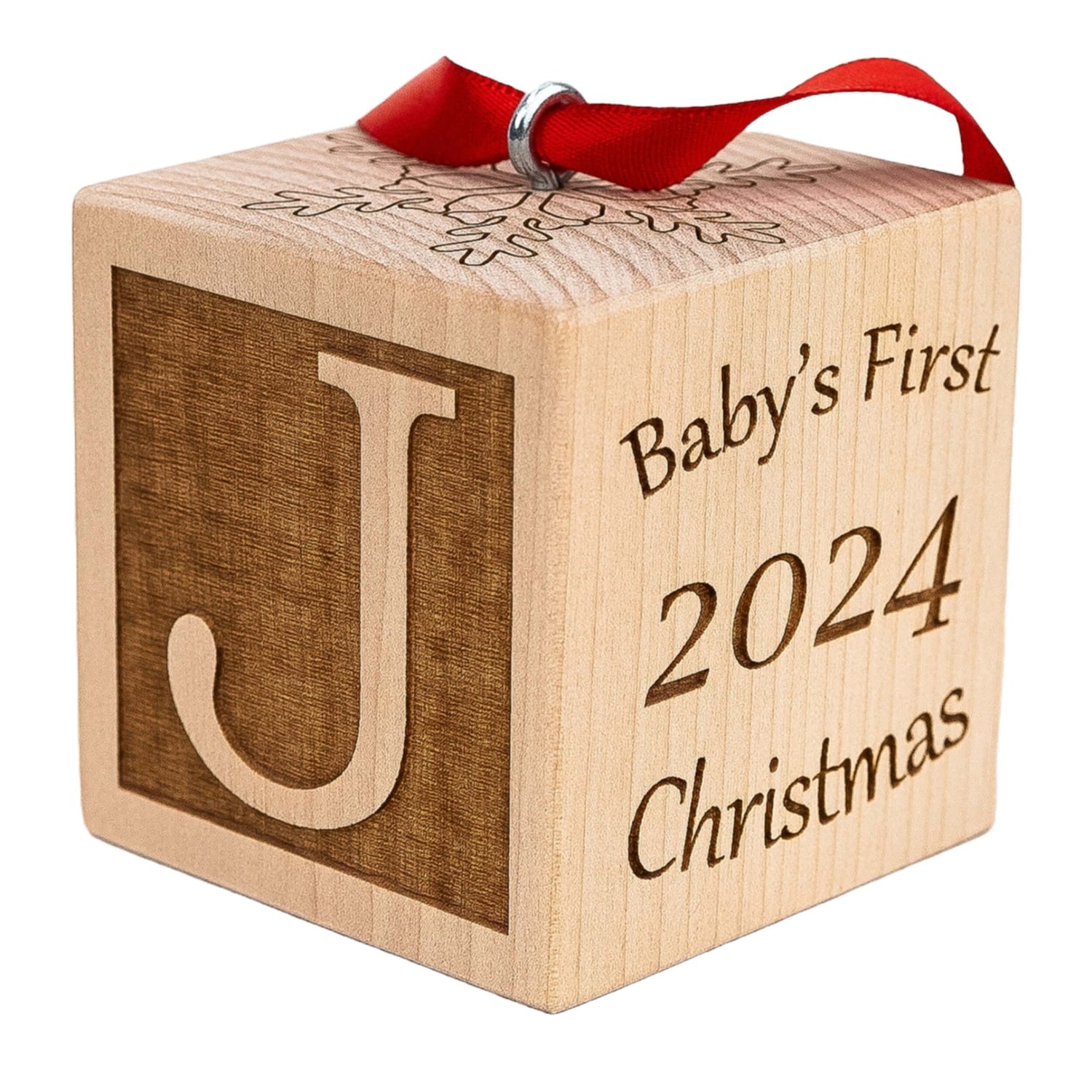 Baby's First Christmas Ornament Wooden Block with Ribbon
