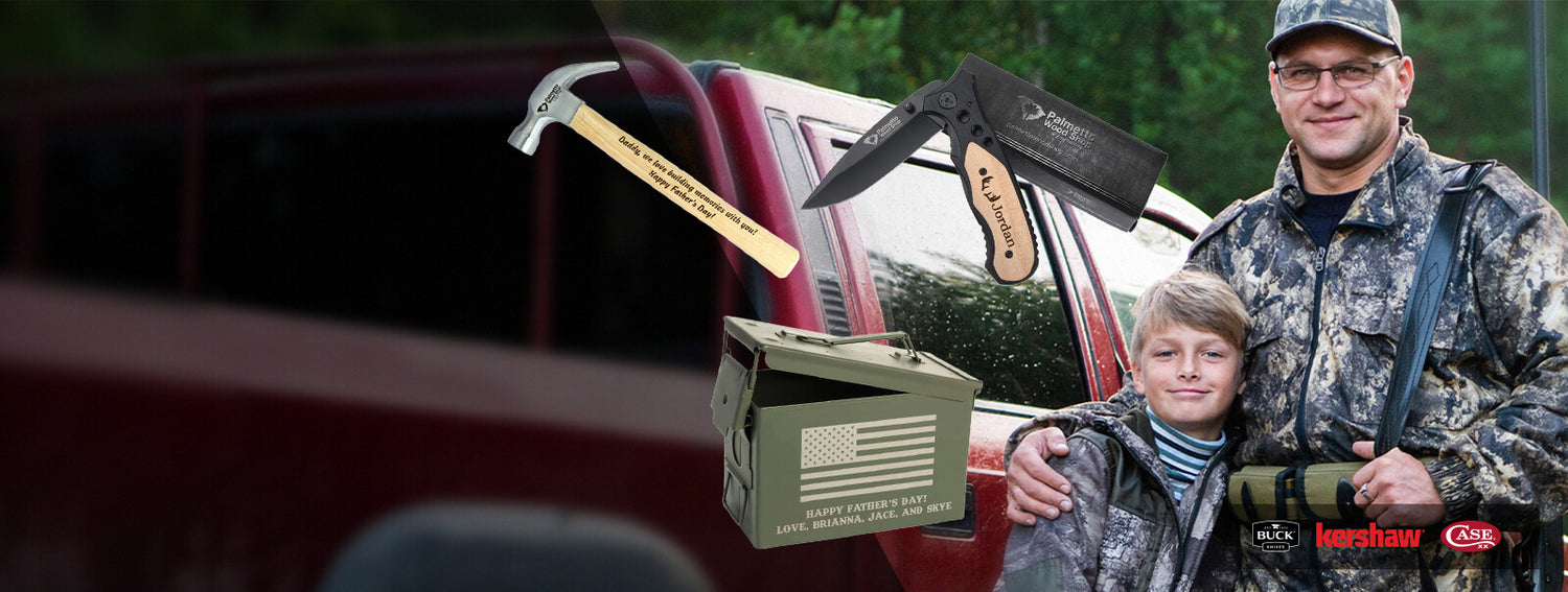 Father's day gifts, hammer, ammo can, pocket knife, father and son