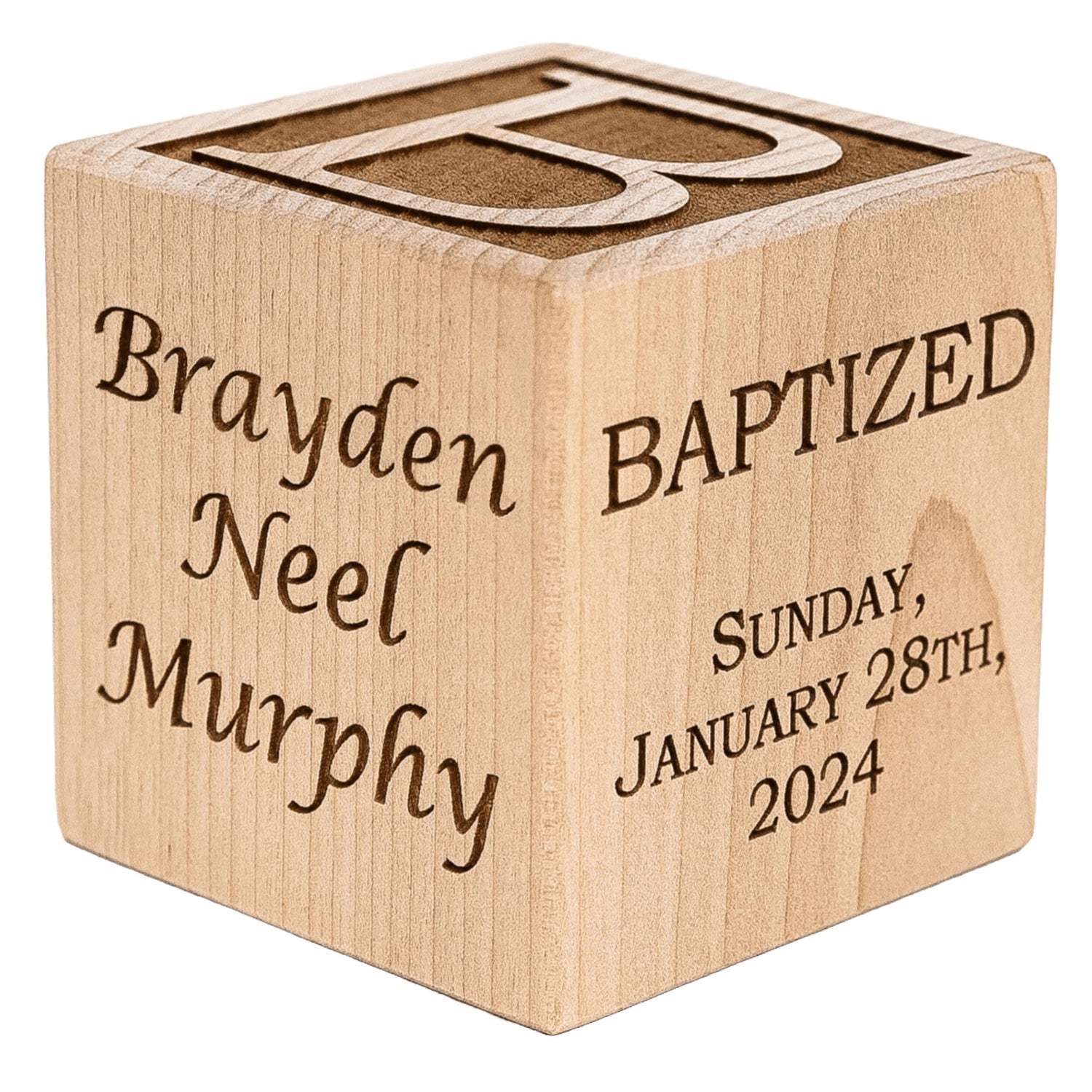 Natural, 2", 2 1/2", 3", Personalized wooden baby baptism block cube