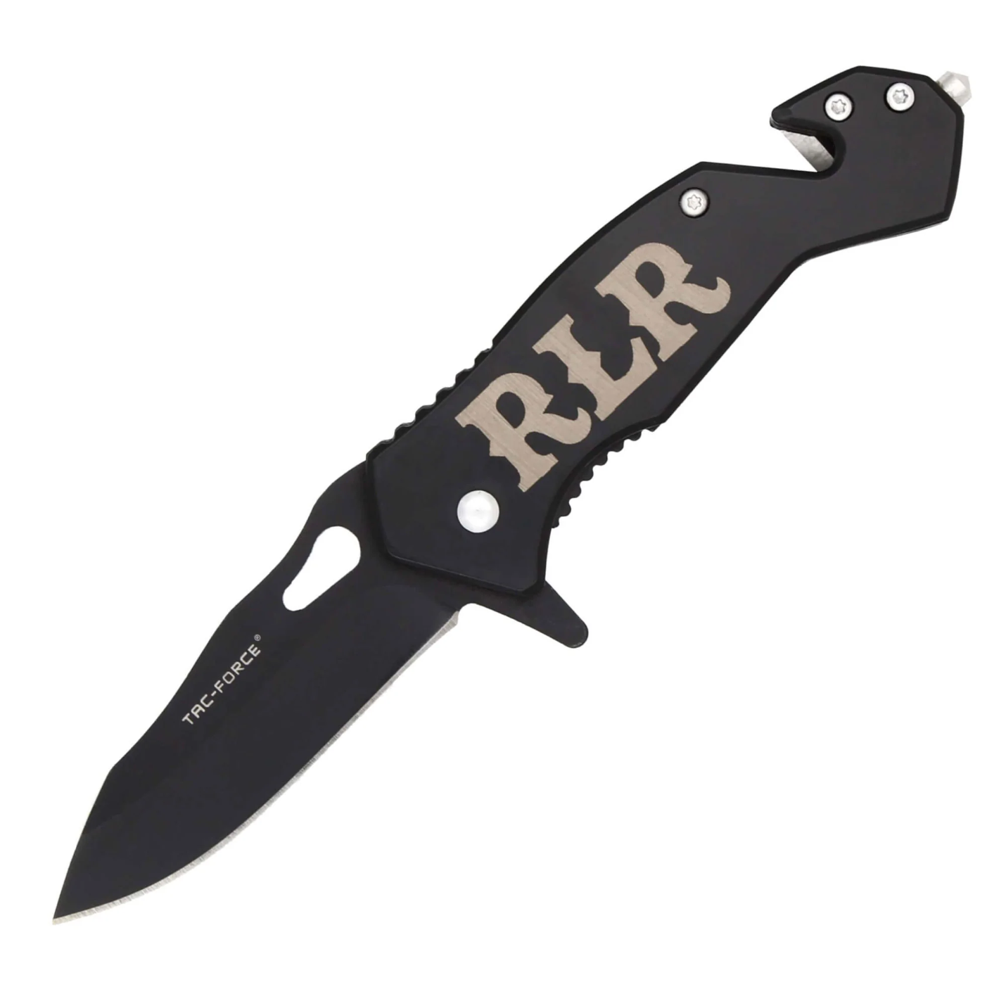 black engraved pocket knife with glass breaker