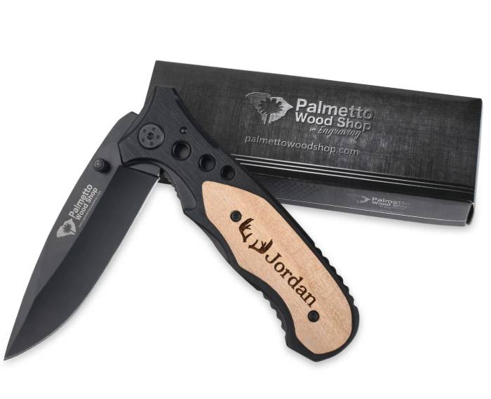 black engraved pocket knife