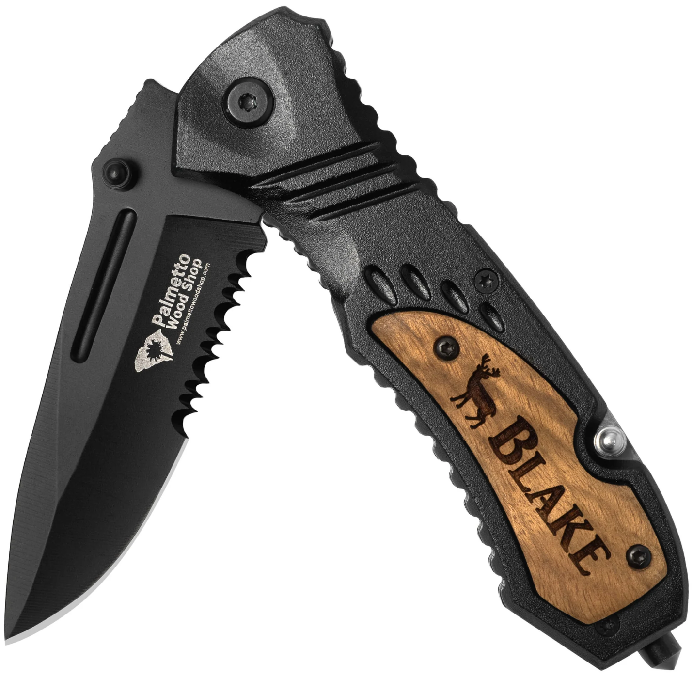 black engraved pocket knife