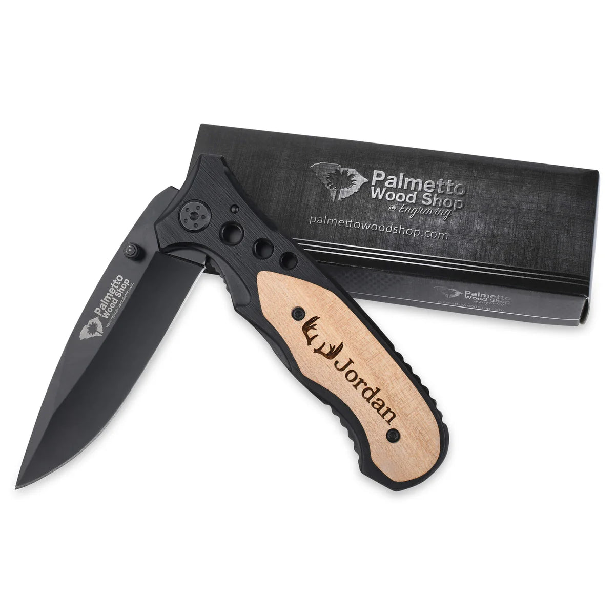 black engraved pocket knife
