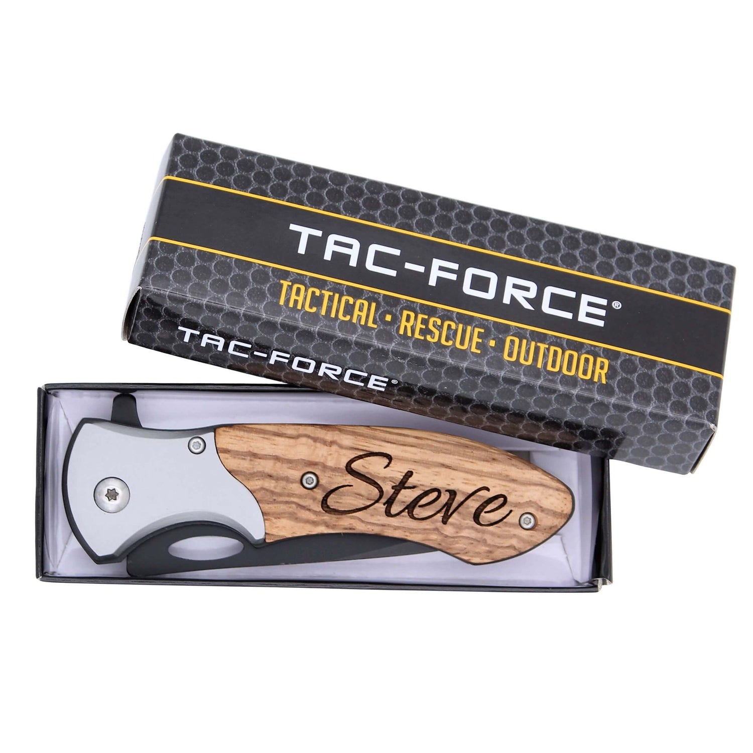 TacForce TF876 personalized laser engraved wood pocket knife