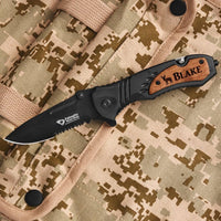 black stainless steel personalized pocket knife wood accent