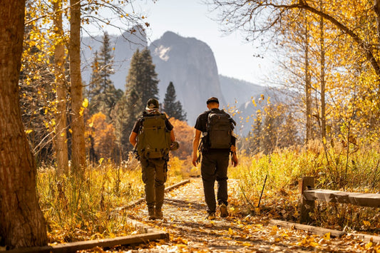 two men walking in the woods