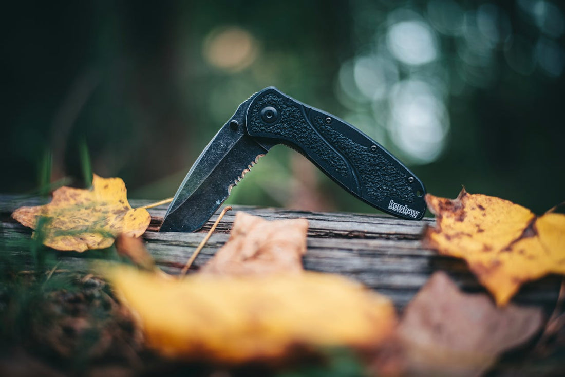 folding knife of a wooden log