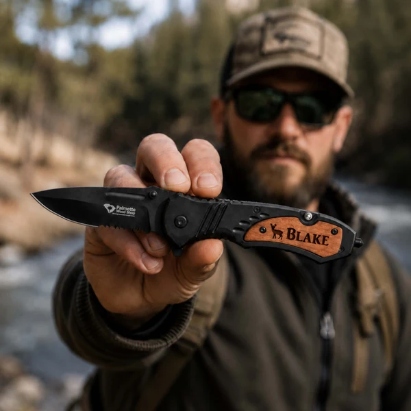 man holding an engraved pocket knife