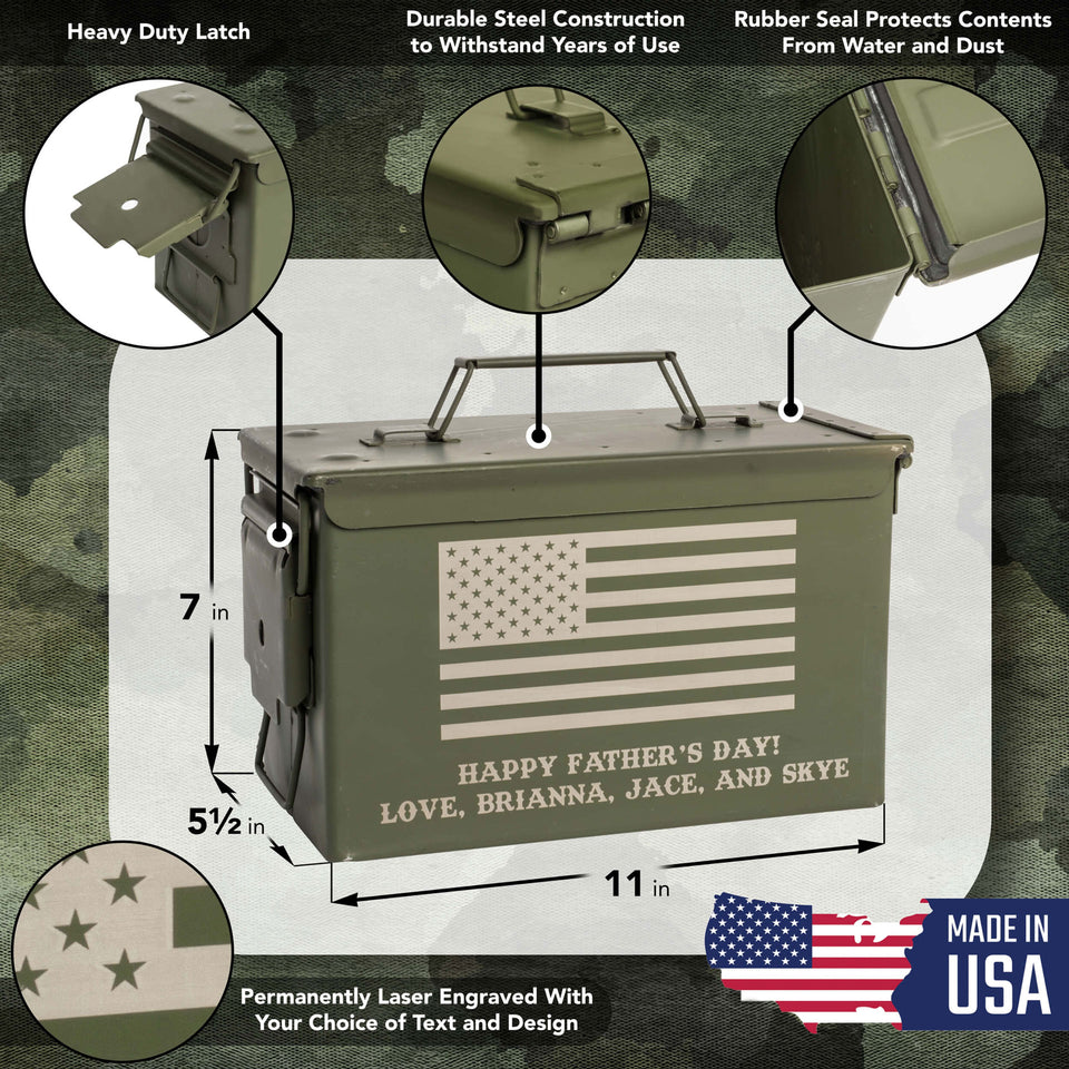 Custom Laser Engraved Fat 50 Cal Ammo Can – Authentic US Military Surplus, Personalize With YOUR NAME