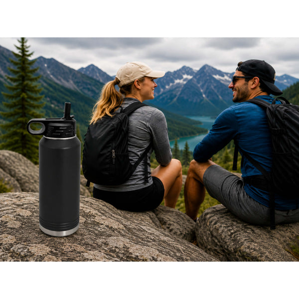 Hikers resting next to a custom insulated water bottle