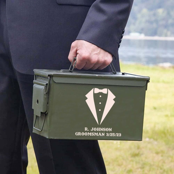a man holding a personalized ammo can