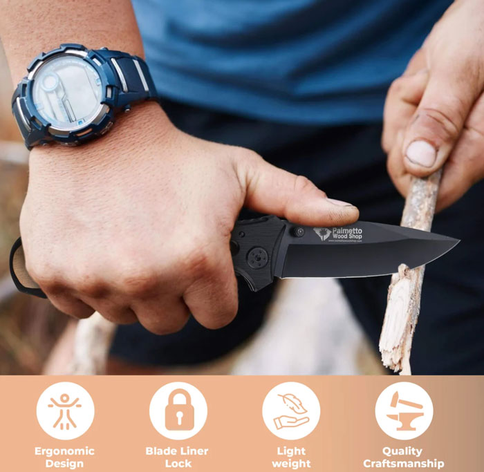 man using a personalized black pocket knife
